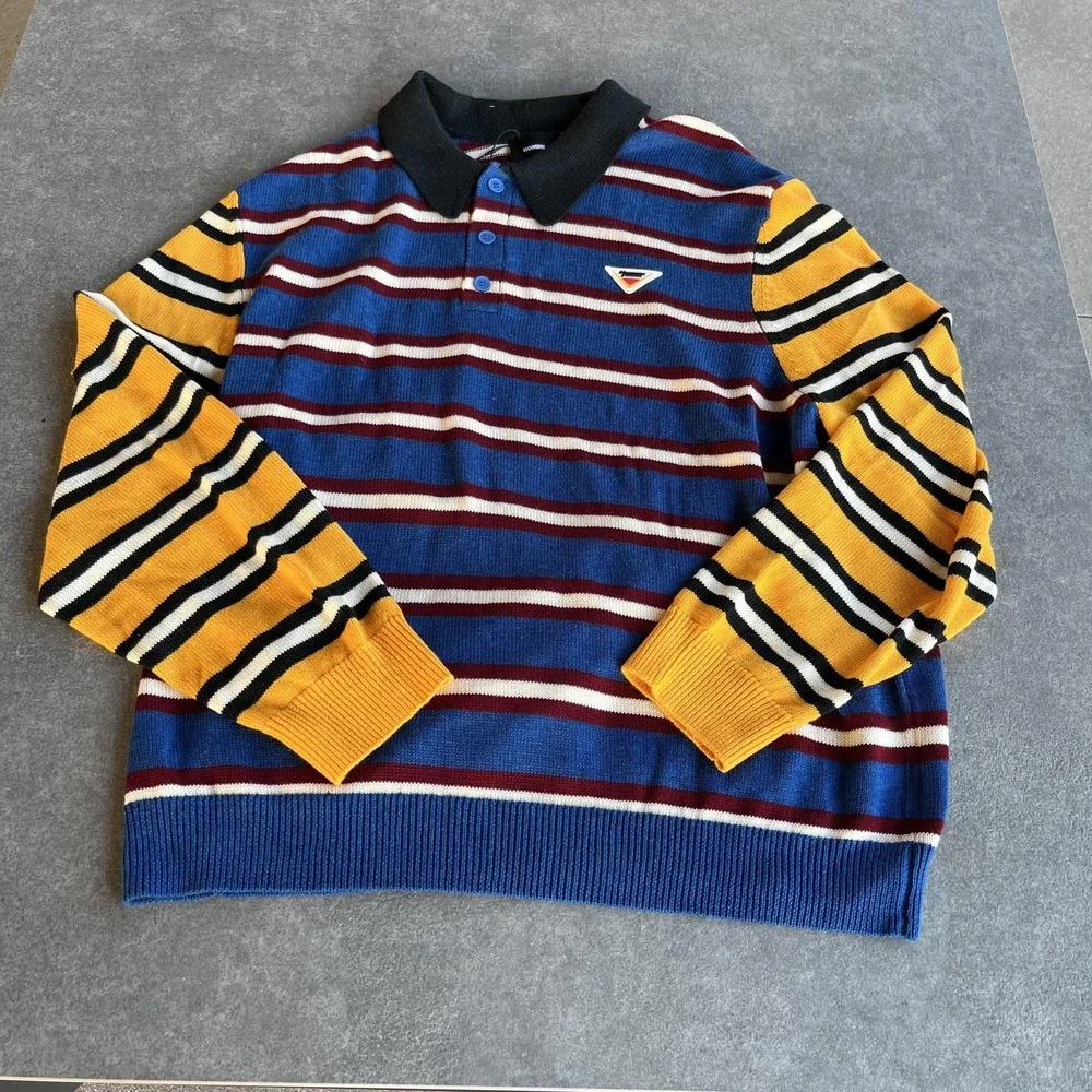 HOMME + FEMME Sweater Mens 2XL‎ Blue Yellow Striped Polo Collar Knit Logo Patch